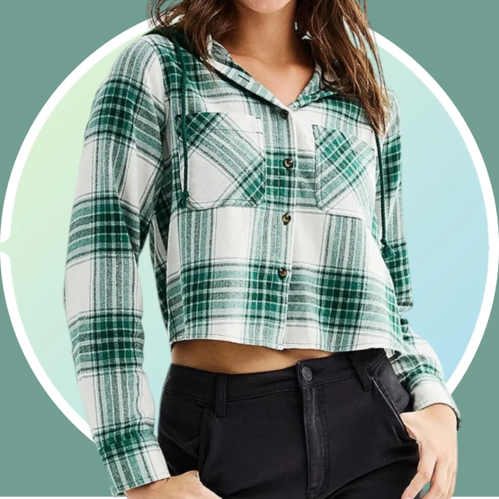 NWT 2XL Cropped Plaid Button Up Hoodie w 2 Pockets & High Low Hemline - Picture 15 of 16